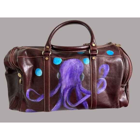 Made in Italy 100% Leather Duffle Bag  Hand-Painted Octopus Brass Accents & Doub - Picture 1 of 16